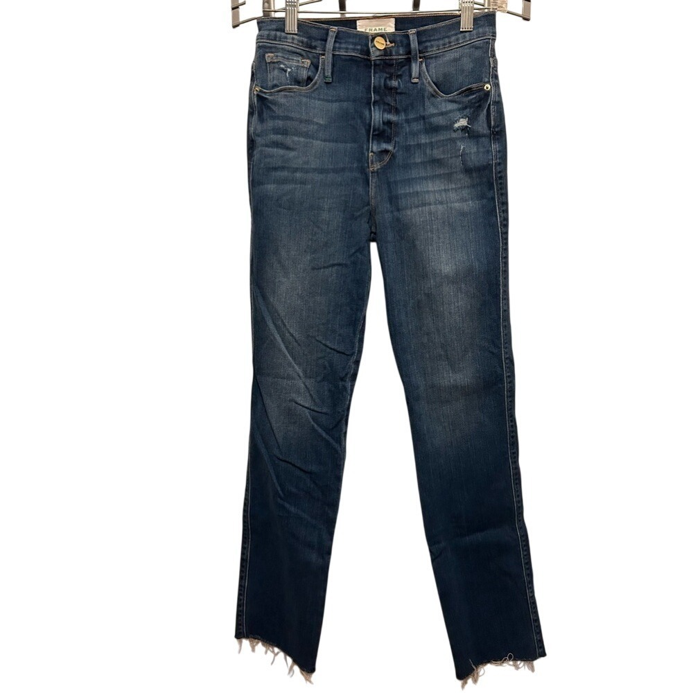 Frame Le Sylvie‎ Slender Straight Jeans Womens 26 Medium Wash Blue Raw Hem